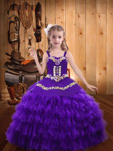 Straps Sleeveless Girls Pageant Dresses Floor Length Beading and Embroidery and Ruffled Layers Eggplant Purple Organza