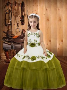 Olive Green Straps Lace Up Embroidery and Ruffled Layers Little Girls Pageant Dress Sleeveless