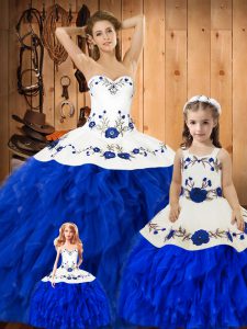 Ball Gowns Sweet 16 Dress Blue And White Sweetheart Satin and Organza Sleeveless Floor Length Lace Up