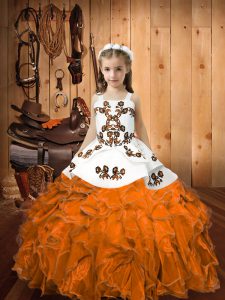 Floor Length Orange Girls Pageant Dresses Straps Sleeveless Lace Up