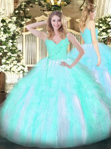 Colorful Aqua Blue Zipper Spaghetti Straps Ruffles Quince Ball Gowns Organza Sleeveless