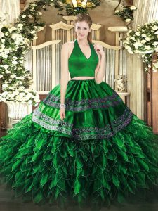 Extravagant Halter Top Sleeveless Sweet 16 Dress Floor Length Appliques and Ruffles Dark Green Organza