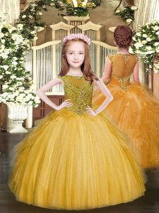 Fashion Gold Sleeveless Tulle Zipper Little Girl Pageant Dress for Party and Quinceanera