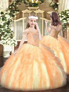 Trendy Sleeveless Organza Floor Length Lace Up Pageant Dresses in Orange with Beading and Ruffles