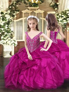 Floor Length Fuchsia Kids Formal Wear V-neck Sleeveless Lace Up