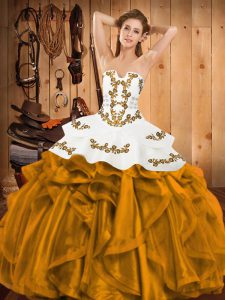 Captivating Gold Sleeveless Floor Length Embroidery and Ruffles Lace Up Quinceanera Gowns