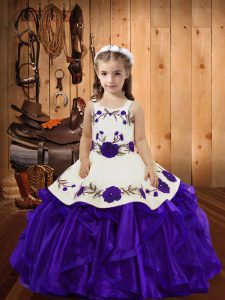 Stylish Purple Lace Up Kids Pageant Dress Embroidery and Ruffles Sleeveless Floor Length