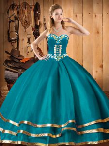Elegant Teal Organza Lace Up Quince Ball Gowns Sleeveless Floor Length Embroidery