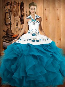 Simple Sleeveless Embroidery and Ruffles Lace Up Quince Ball Gowns