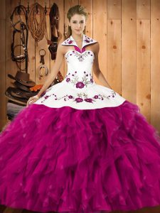 Gorgeous Fuchsia Halter Top Lace Up Embroidery and Ruffles 15th Birthday Dress Sleeveless