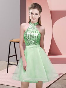 Fashion Apple Green Halter Top Backless Sequins Court Dresses for Sweet 16 Sleeveless