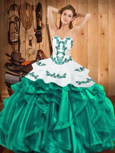 Turquoise Quinceanera Dresses Military Ball and Sweet 16 and Quinceanera with Embroidery and Ruffles Strapless Sleeveless Lace Up