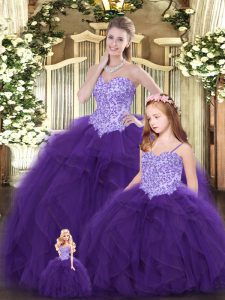Glittering Eggplant Purple Tulle Lace Up Sweetheart Sleeveless Floor Length Ball Gown Prom Dress Beading and Ruffles