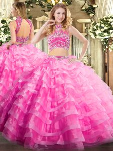 Fantastic Rose Pink Quinceanera Gowns Military Ball and Sweet 16 and Quinceanera with Beading and Ruffled Layers High-neck Sleeveless Backless
