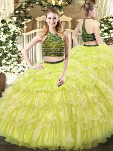 High Quality Organza Halter Top Sleeveless Zipper Beading and Ruffled Layers Quince Ball Gowns in Yellow Green