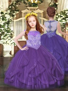 Attractive Purple Ball Gowns Beading and Ruffles Child Pageant Dress Zipper Tulle Sleeveless Floor Length