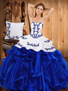 Trendy Blue Strapless Lace Up Embroidery and Ruffles Quince Ball Gowns Sleeveless