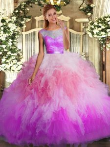 Multi-color Ball Gowns Beading and Ruffles Quince Ball Gowns Backless Tulle Sleeveless Floor Length
