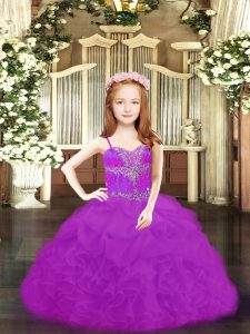 Unique Organza Spaghetti Straps Sleeveless Lace Up Beading and Ruffles and Pick Ups Pageant Dress for Teens in Fuchsia and Purple