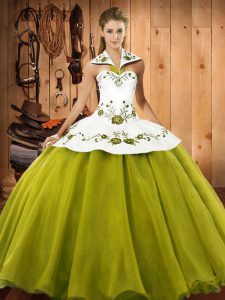 Olive Green Sleeveless Floor Length Embroidery Lace Up 15th Birthday Dress