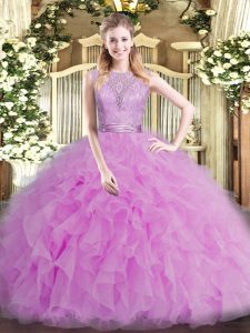 Lilac Ball Gowns Scoop Sleeveless Tulle Floor Length Backless Beading and Ruffles Sweet 16 Quinceanera Dress