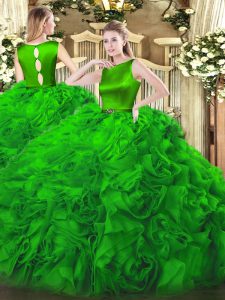 Green Sleeveless Fabric With Rolling Flowers Clasp Handle Sweet 16 Quinceanera Dress for Military Ball and Sweet 16 and Quinceanera