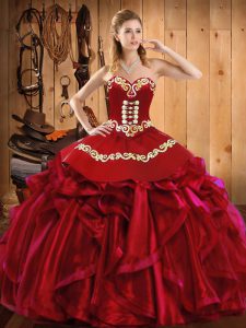 Ideal Embroidery and Ruffles Sweet 16 Dress Wine Red Lace Up Sleeveless Floor Length
