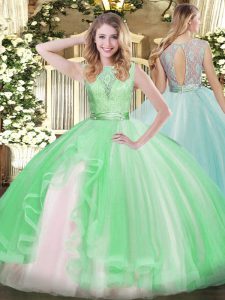 Decent Lace and Ruffles 15 Quinceanera Dress Apple Green Backless Sleeveless Floor Length