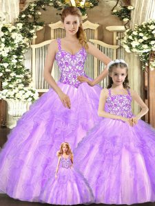 Amazing Lilac Ball Gowns Beading and Ruffles Sweet 16 Dresses Lace Up Organza Sleeveless Floor Length