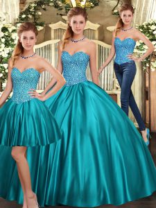Artistic Sweetheart Sleeveless Ball Gown Prom Dress Floor Length Beading Teal Tulle
