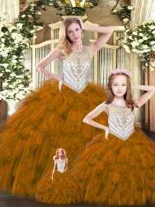 Super Floor Length Lace Up Ball Gown Prom Dress Brown for Military Ball and Sweet 16 and Quinceanera with Beading and Ruffles
