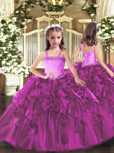 Sleeveless Organza Floor Length Lace Up Little Girls Pageant Dress Wholesale in Fuchsia with Appliques and Ruffles