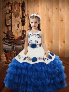 Blue Lace Up Little Girl Pageant Gowns Embroidery and Ruffles Sleeveless Floor Length