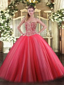 Extravagant Floor Length Ball Gowns Sleeveless Coral Red 15th Birthday Dress Lace Up