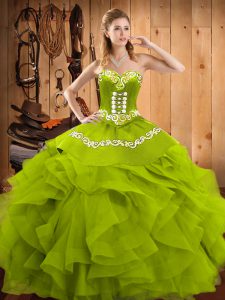 Sumptuous Satin and Organza Sweetheart Sleeveless Lace Up Embroidery and Ruffles Quinceanera Dress in Olive Green