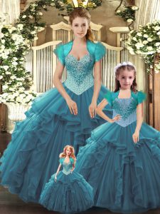 Sleeveless Floor Length Beading and Ruffles Lace Up 15th Birthday Dress with Teal