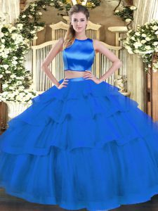 Glamorous Two Pieces Quinceanera Dresses Blue High-neck Tulle Sleeveless Floor Length Criss Cross