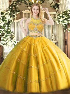 Traditional Gold Two Pieces Scoop Sleeveless Tulle Floor Length Zipper Beading Quince Ball Gowns