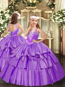 Custom Made V-neck Sleeveless Organza Pageant Dress Womens Beading and Ruffled Layers Lace Up
