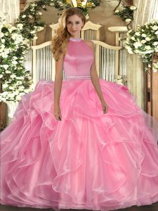 Hot Sale Watermelon Red Ball Gowns Organza Halter Top Sleeveless Beading and Ruffles Floor Length Backless Sweet 16 Dresses