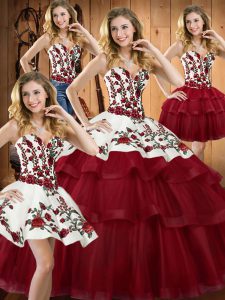 Wine Red Sleeveless Organza Sweep Train Lace Up Vestidos de Quinceanera for Military Ball and Sweet 16 and Quinceanera