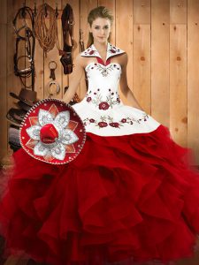 Halter Top Sleeveless Vestidos de Quinceanera Floor Length Embroidery and Ruffles Wine Red Satin and Organza