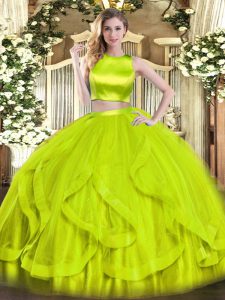 Affordable Yellow Green Criss Cross High-neck Ruffles 15th Birthday Dress Tulle Sleeveless