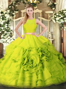 Amazing Floor Length Zipper Vestidos de Quinceanera Yellow Green for Military Ball and Sweet 16 and Quinceanera with Ruffles
