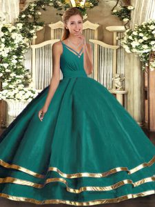 Turquoise Backless V-neck Ruffled Layers Sweet 16 Dress Organza Sleeveless