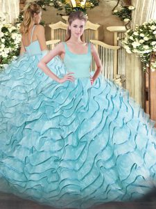 Aqua Blue Zipper 15 Quinceanera Dress Ruffled Layers Sleeveless Brush Train