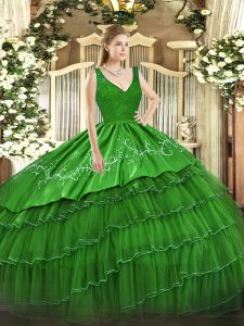 Green Ball Gowns V-neck Sleeveless Organza and Taffeta Floor Length Backless Beading and Lace and Embroidery and Ruffled Layers 15th Birthday Dress