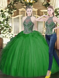 Floor Length Lace Up Quinceanera Gowns Dark Green for Military Ball and Sweet 16 and Quinceanera with Beading and Ruffles
