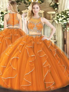 Adorable Beading and Ruffles Quinceanera Gowns Orange Zipper Sleeveless Floor Length