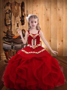 Unique Wine Red Organza Lace Up Little Girls Pageant Dress Wholesale Sleeveless Floor Length Embroidery and Ruffles